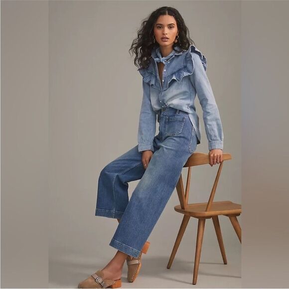 Anthropolgie Pilcro NWT The Skipper Cropped High-Rise Wide-Leg Jeans Med Blue 29 - Picture 2 of 16